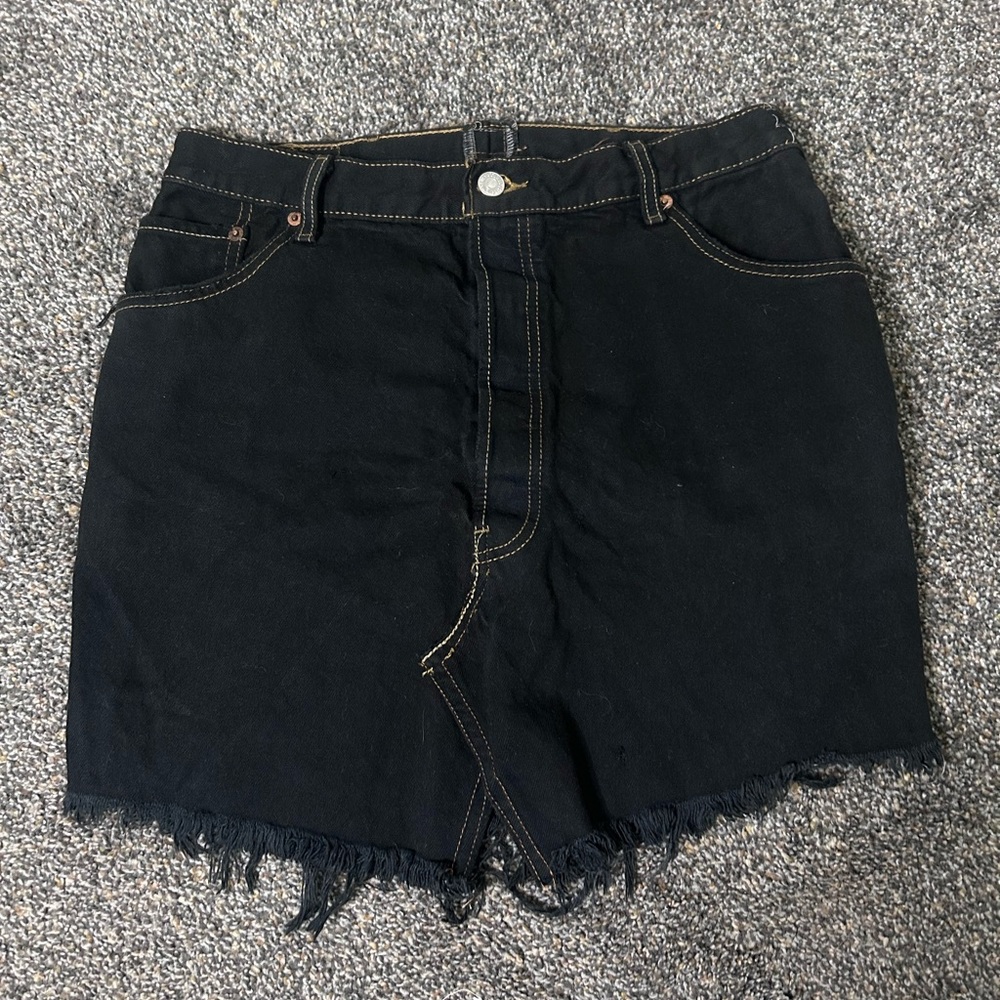 Levi's Black Denim Distressed Mini Skirt Button Fly Punk Grunge 90s